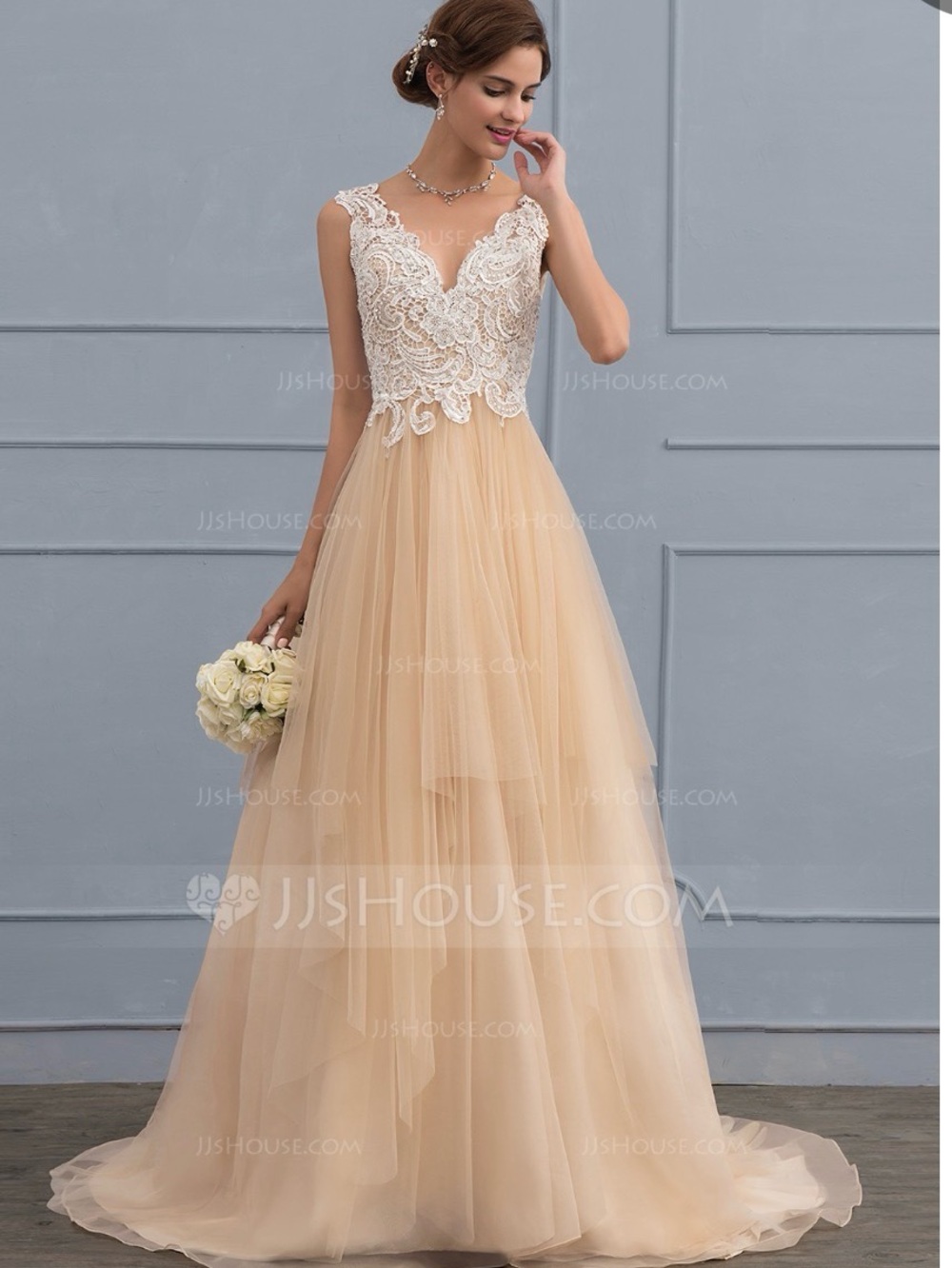 Gorgeous Lace Bodice Tulle A-Line Gown in Ivory and Champagne From JJ’s House